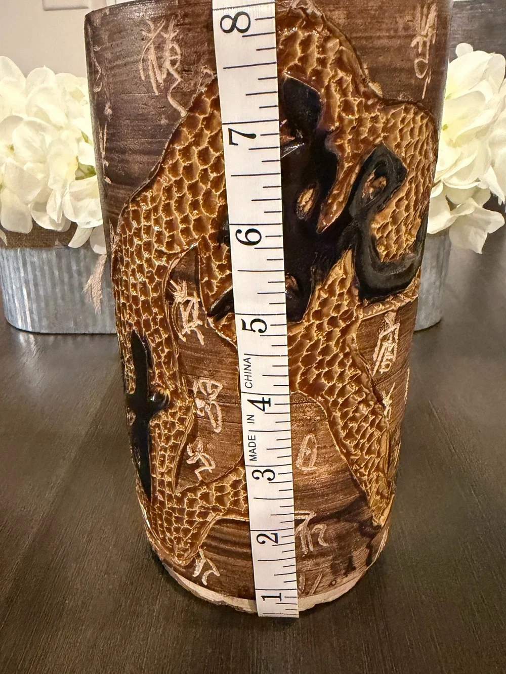 Vintage Hand Carved Chinese Clay Dragon Vase Tang Dynasty Poem Relief Potter